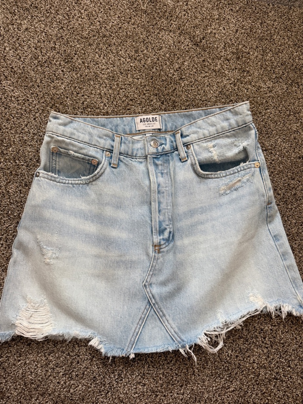 Agolde Light Wash Distressed Denim Mini Skirt
